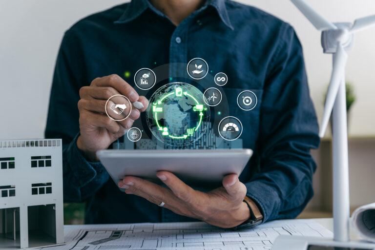 Businessman using tablet with LCA icon, ISO LCA standard,  Value chain and Growing sustainability