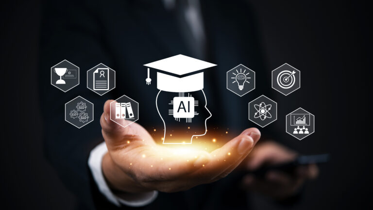 AI in education and innovation. person holding glowing AI icons learning, research, success, and technology. artificial intelligence, digital learning, technology or education online network