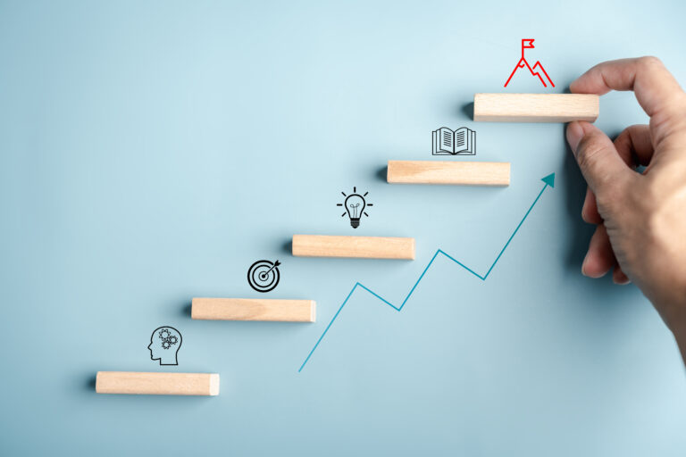 Business planning and challenge concept with step, growth graph, and mindset, goal setting, innovation, knowledge, and success achievement in progressive stages