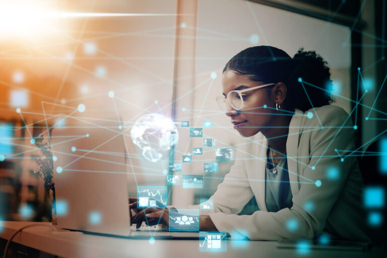 Business woman, AI and laptop with hologram, UX and networking for forex trading icon in office using virtual platform
