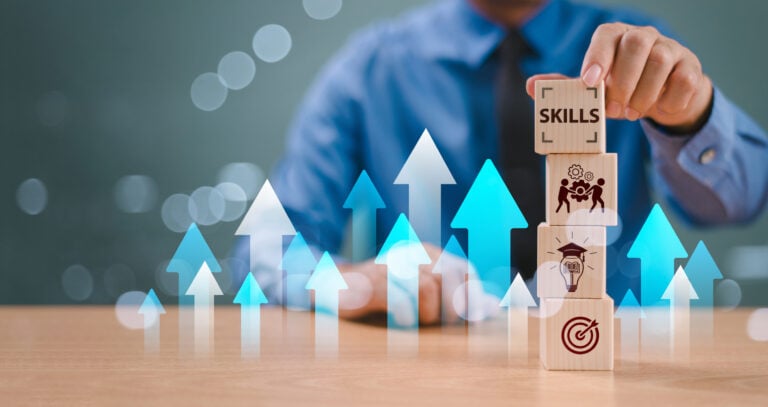 Skill competency development concept. Up new ability skill training for technology evolution. Leadership thinking upskill. Hand hold wooden cube, soft skill digital icon